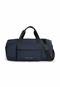 Borsa duffel blu marina realizzata in nylon resistente, con zip superiore, manici neri e tasca frontale con dettagli del logo. Texture liscia.