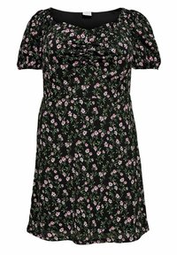 Svart blommig klänning med korta puffärmar, sammanknuten tyg vid bysten, med ett litet mönster av rosa och gröna blommor över hela plagget.