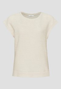 Light cream short-sleeve top with a textured, wavy pattern. Round neckline with a subtle ribbed trim. Lightweight material.