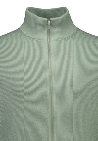 Jasnozielony sweter z golfem, prążkowany, z pełnym zamkiem błyskawicznym z przodu. Posiada teksturowany materiał oraz wysoki kołnierz.