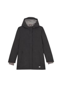 Svart huva jacka med grå foder, har dragkedja och tryckknappsstängning, sidofickor och logotypdetalj på nedre framsidan.