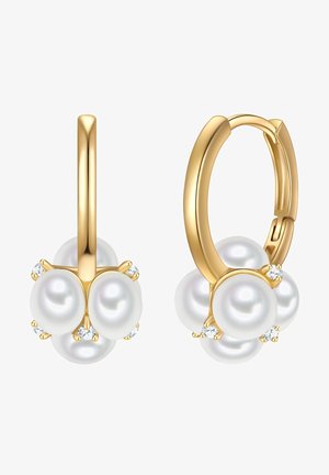 Kuldsetel rõngakujulistel kõrvarõngastel on kolm klastris valgethetseng pärlit, millel on väikesed selged kivid. Sile tekstuur ja poleeritud viimistlus.