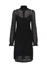Rochie din dantelă neagră cu mâneci lungi, guler înalt și manșete cu volane. Overlay transparent, model floral și o siluetă ușor evazată.