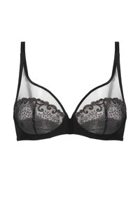 Black bra with sheer mesh cups featuring intricate floral embroidery and beaded accents. Adjustable straps and a smooth underband.
