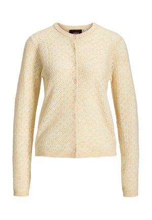 Cardigan en maille couleur crème, manches longues, col rond et fermeture boutonnée devant.