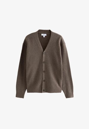 Brown wool cardigan with a V-neck, front buttons, and ribbed hem and cuffs. Soft texture, loose fit, and long sleeves.