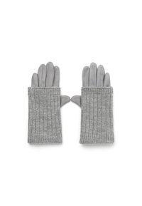 Gants gris avec un design en tricot nervuré et des paumes en cuir suédé lisse. Caractéristiques des poignets prolongés et un aspect sans couture pour chaleur et confort.