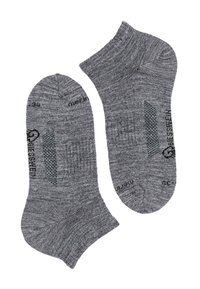 Graue Knöchelsocken mit einem strukturierten Strickmuster, verstärktem Zehen- und Fersenbereich sowie einem Aufdruck des Logos an den Seiten. Weiches, atmungsaktives Material.