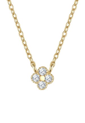 Ogrlica z zlato verigo in obeskom v obliki štiriperesne rože s štirimi prozornimi okroglimi dragimi kamni okoli zlate sredice.