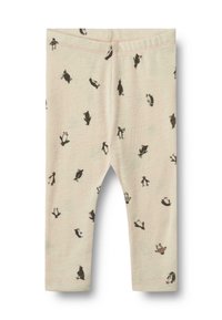 Beige Leggings aus weichem Stoff, mit einem wiederholten Pinguin-Muster in Schwarz, mit einem enganliegenden Bund und geradem Bein-Design.