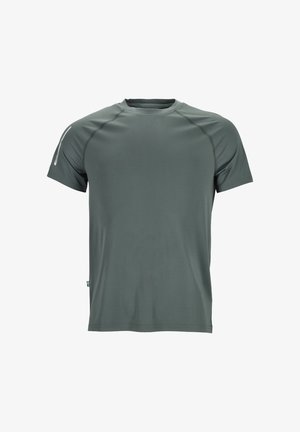 Short-sleeve athletic t-shirt in dark green fabric, featuring a round neckline, flat seams, and a small reflective accent on the left shoulder.