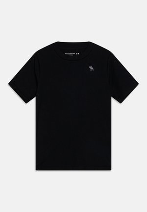 Sort børne-T-shirt med korte ærmer og rund hals, med lille gråt elglogo på venstre bryst, størrelse 9/10.