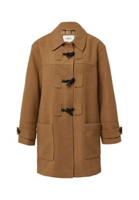 Brauner Wolltogglemantel mit großen vorderen Taschen, knöpfbaren Ärmelbündchen und einem Reverskragen.