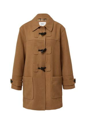 Manteau en laine marron avec de grandes poches avant, poignets de manches boutonnés et col évasé.