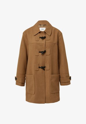 Brauner Wolltogglemantel mit großen vorderen Taschen, knöpfbaren Ärmelbündchen und einem Reverskragen.