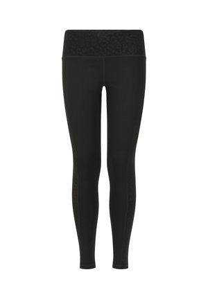 Svarta leggings gjorda av elastisk tyg, med ett leopardmönster på det breda midjebandet och en tight passform.