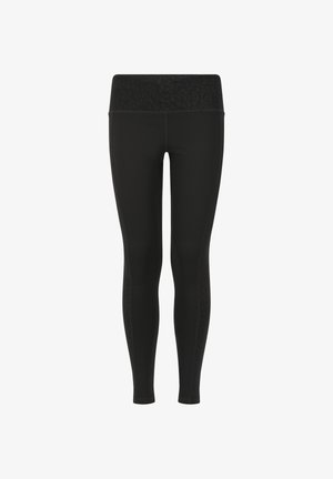 Sorte leggings lavet af strækbart stof, med et leopardprintdesign på den brede talje og en tætsiddende silhuet.