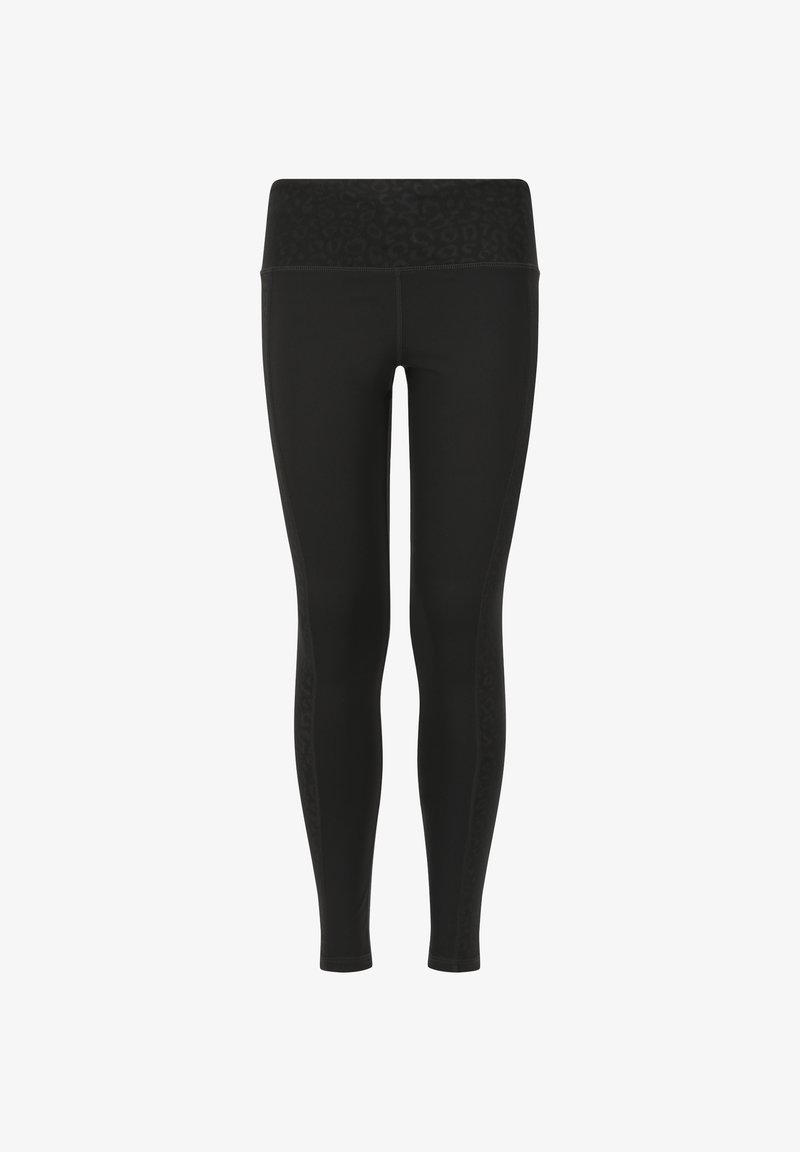 Musta leggingsit, jotka on valmistettu joustavasta kankaasta ja joissa on leopardikuviointi leveässä vyötärönauhassa sekä tiukka siluetti.