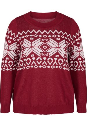 Pull en maille rouge avec des motifs géométriques et flocons de neige blancs sur la poitrine et les manches, col rond et manches longues.