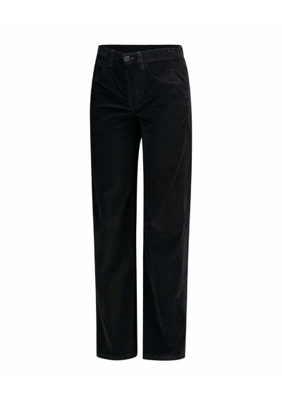 Zwarte corduroybroek met rechte snit, voorzien van een knoopsluiting aan de voorkant, riemlussen en twee zijzakken. Zachte textuur, middelzwaar.