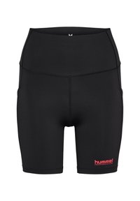 Svarta atletiska shorts tillverkade av stretchigt material. Hög midja med en mjuk yta, med en liten rosa logotyp på nedre vänstra sidan.