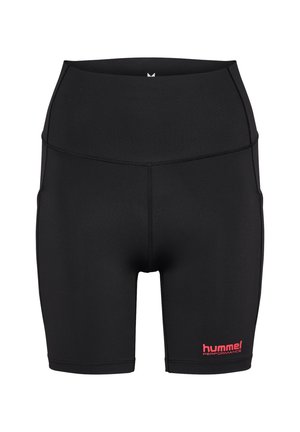 Sorte atletiske shorts lavet af strækbart stof. Høj talje-design med en glat tekstur, der har et lille rosa logo nederst til venstre.