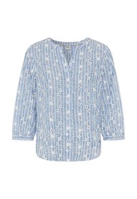 Blouse bleu clair avec un motif géométrique blanc, manches trois-quarts, patte de boutonnage, et tissu doux et texturé.