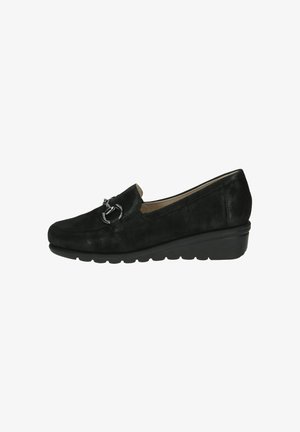 Loaferi negri din piele suede, cu talpă joasă în formă de wedge, având un accent decorativ din argint pe partea superioară și un design cu vârf rotunjit.