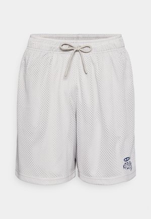 Šviesiai pilki tinkliniai sportiniai šortai su elastingu juosmeniu, priekyje raišteliu ir maža tamsiai mėlyna grafika kairiajame šortų kojų gale.