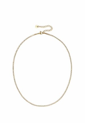 Collier fin en chaîne d’or avec de petits cristaux clairs tout au long et un fermoir mousqueton avec une chaîne d’extension réglable.