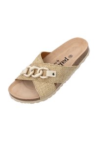 Sandal in tessuto beige con catena decorativa sulla fascetta, dotato di una parte superiore testurizzata e di una soletta imbottita. Suola leggera.