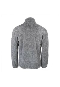 Sudadera de forro polar gris con cuello alto y mangas largas. Presenta una superficie texturizada y suave, con un ajuste relajado y dobladillo redondeado.