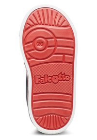 Suola in gomma rossa con modelli di presa testurizzati e bordi bianchi. Include il marchio impresso "Falcotto" e la taglia "20".
