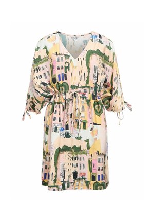 Løs kjole med V-hals, albuelange ærmer med bindebånd, snøre i taljen, trykt med pastelbylandskab og grønne detaljer.