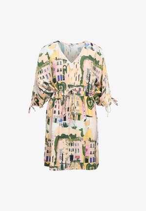 Sukienka o luźnym kroju z dekoltem w serek, rękawami do łokcia z troczkami, wiązaniem w talii, z nadrukiem w pastelowym pejzażu miejskim i zielonymi detalami.