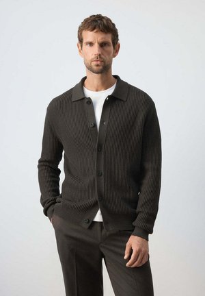 Hombre con cabello corto que lleva un cárdigan de punto oscuro con botones sobre una camisa blanca y pantalones oscuros, sobre un fondo claro y liso.