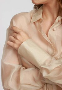 Blusa beige traslucida con una leggera lucentezza, chiusura a bottoni sul davanti e ampie maniche; tessuto leggero con una texture leggermente stropicciata.