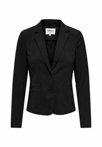 Blazer noir en velours côtelé avec un col cranté, fermeture à un bouton et deux poches avant. Doté d'une coupe ajustée et d'un tissu texturé.