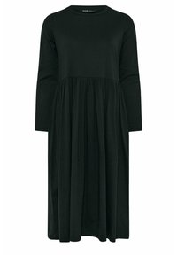 Mustassa pitkähihaisessa mekossa on pehmeä kangas, vartalonmyötäinen yläosa ja kerroksellinen, hulmuava hame, jossa on pyöreä pääntie.