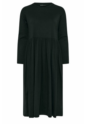 Schwarzes Langarmkleid aus weichem Stoff, mit tailliertem Oberteil und einem gerafften, fließenden Rock sowie einem runden Ausschnitt.