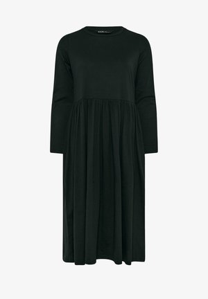 Vestido negro de mangas largas hecho de una tela suave, con un corsé ajustado y una falda recogida y fluida con un escote redondo.