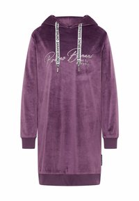 Lila Velour-Hoodie-Kleid mit langen Ärmeln, Frontbestickung und Kapuze mit Kordelzug, die mit gemusterten Kordeln versehen ist. Rippbündchen und Saumdetails.