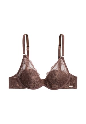 Sujetador marrón de encaje con aros, tirantes ajustables y patrones florales, diseñado para ofrecer soporte y un atractivo decorativo.