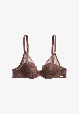Soutien-gorge marron en dentelle avec armatures, bretelles réglables et motifs floraux, conçu pour le soutien et l'esthétique décorative.