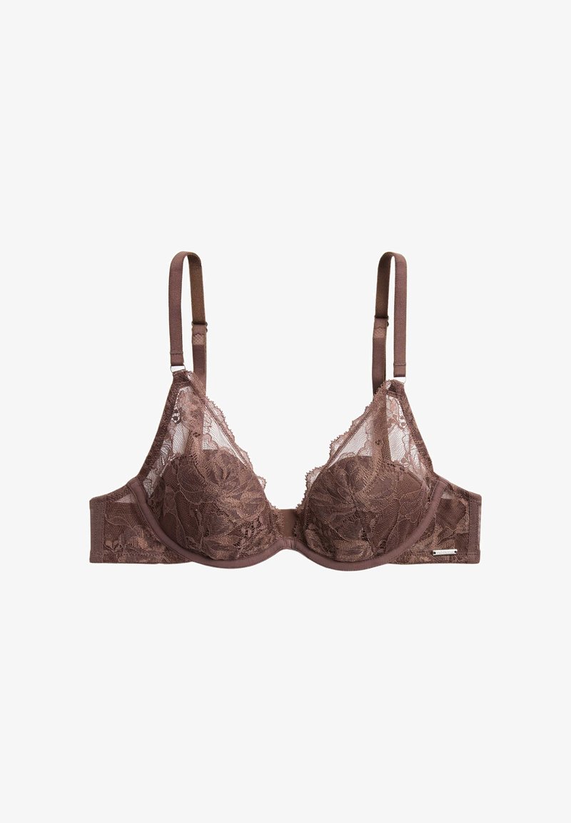 Reggiseno marrone in pizzo con ferretto, spalline regolabili e motivi floreali, progettato per offrire sostegno e un aspetto decorativo.