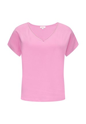 Short-sleeved pink t-shirt with a v-neck design and subtle stitching detail along the neckline. Made from soft, lightweight cotton material.