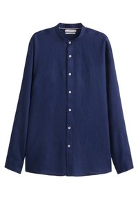 Marineblauw shirt met lange mouwen van lichtgewicht stof, voorzien van een ronde kraag, knoopsluiting aan de voorkant en gelijkmatige stiksels overal.