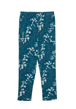 Pantalon fuselé couleur sarcelle avec taille élastique, orné d'un petit imprimé floral blanc, beige et rose pâle.