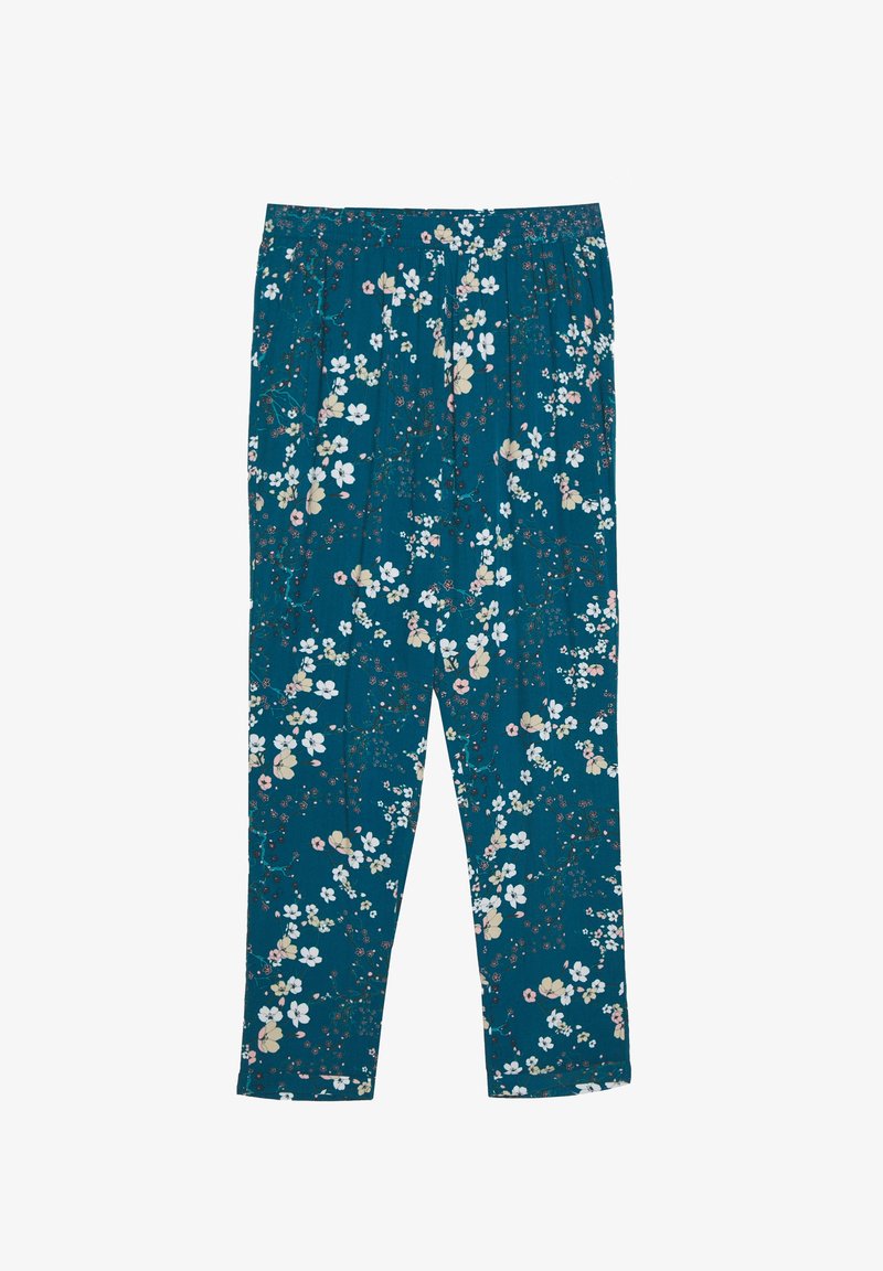 Pantalon fuselé couleur sarcelle avec taille élastique, orné d'un petit imprimé floral blanc, beige et rose pâle.