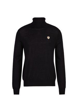 Schwarzer Rollkragenpullover aus einem glatten, leichten Material. Verfügt über lange Ärmel und ein kleines goldenes Emblem auf der Brust.
